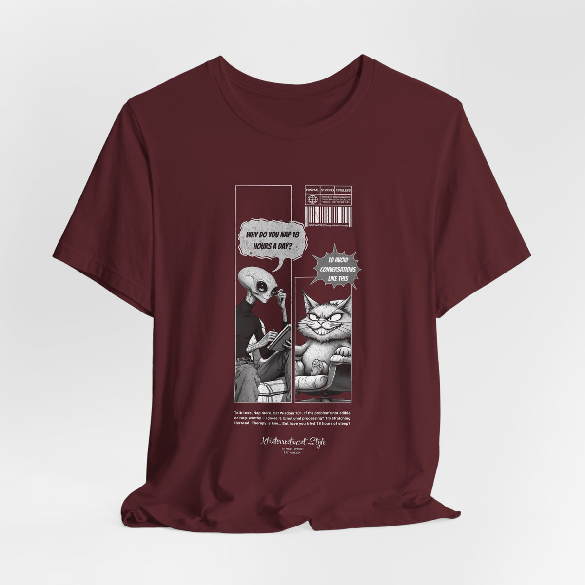The NAP – 18h A Day t-shirt in Maroon — Deep burgundy tones complement the moody comic strip aesthetic.