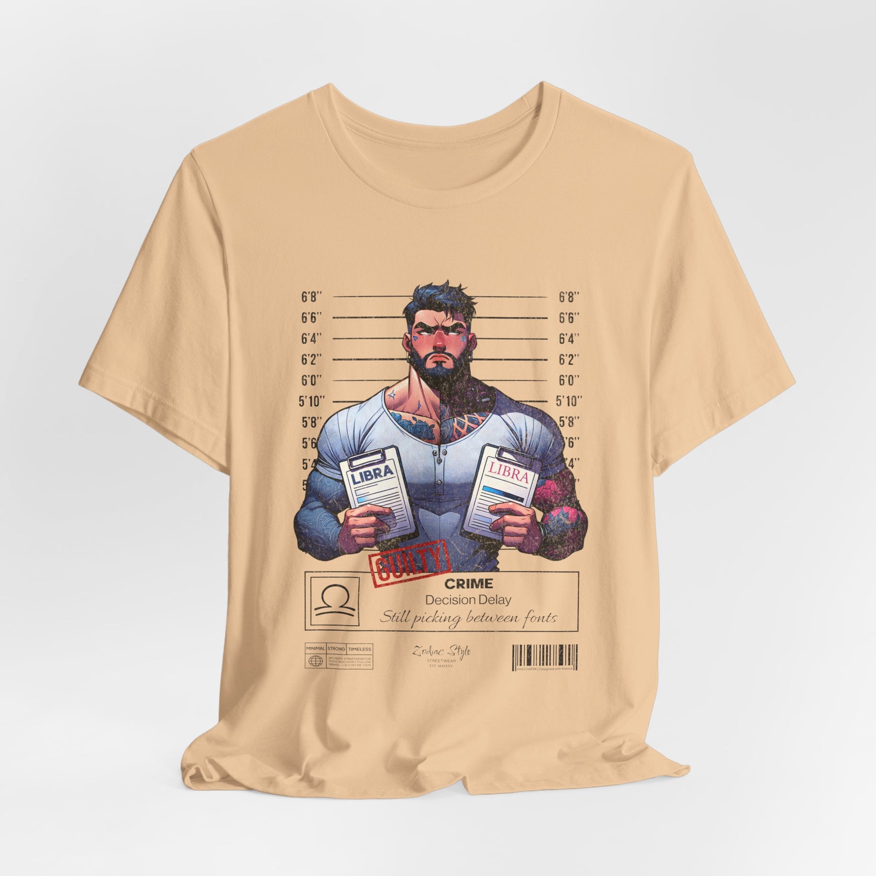 3D mockup of the LIBRA t-shirt in Sand Dune — light earthy beige color. NO BACKGROUND. NO MODEL.