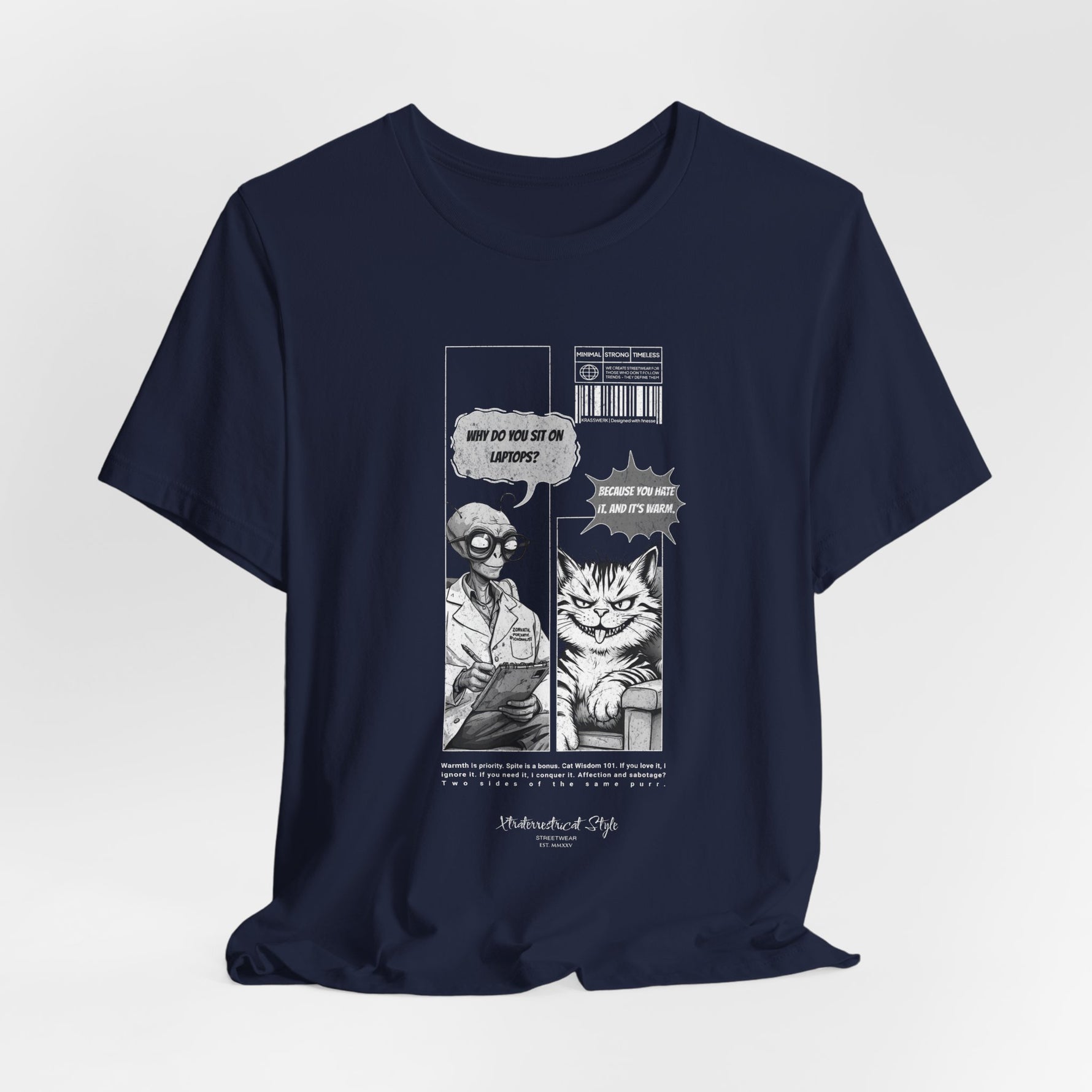 The SITONLAPTOPS t-shirt in Navy — 3D mockup on a classic navy shirt, no model, no background. Grayscale print remains crisp.