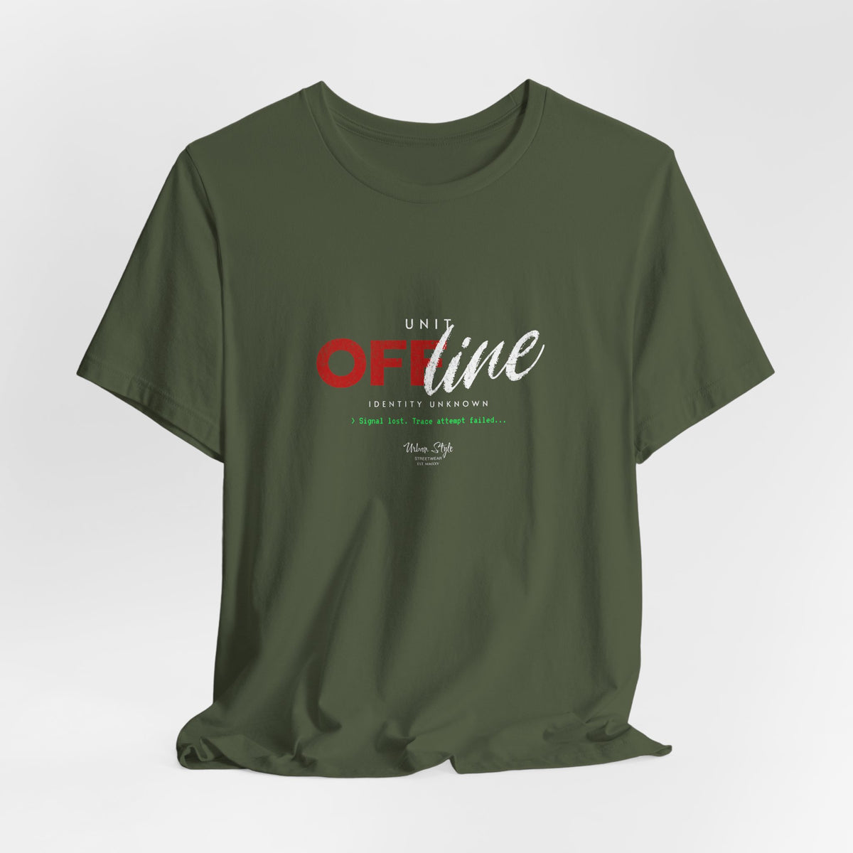 The UNIT OFFLINE t-shirt in military green — unseen, untracked, mission shadows.