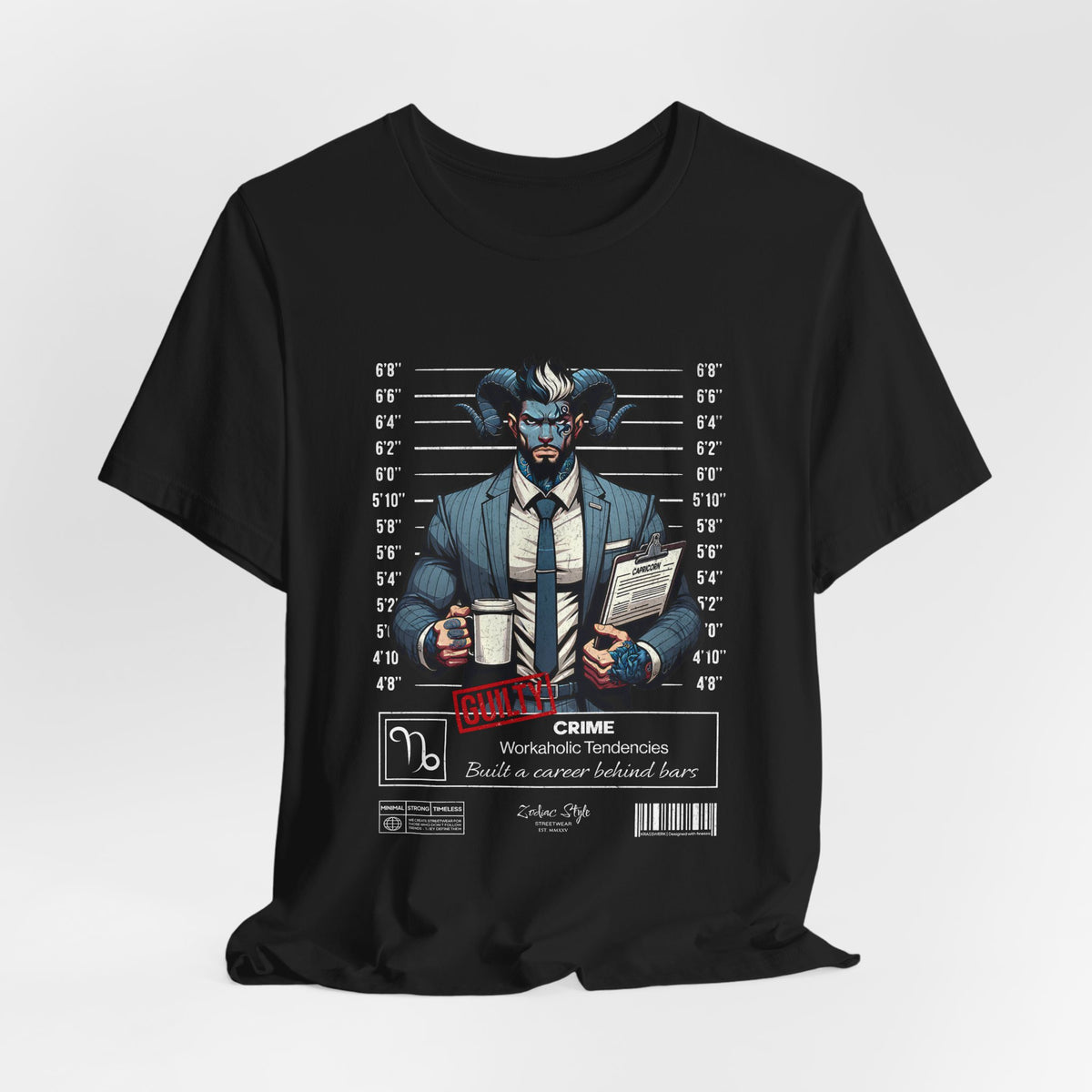 The CAPRICORN t-shirt in Black — stark and direct, capturing the sharp edge of work ethic. No background. No model.