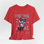 The EVERY MEAL IS MY MEAL t-shirt in heatherred — adds playful energy while matching the cat’s rebellious charm.