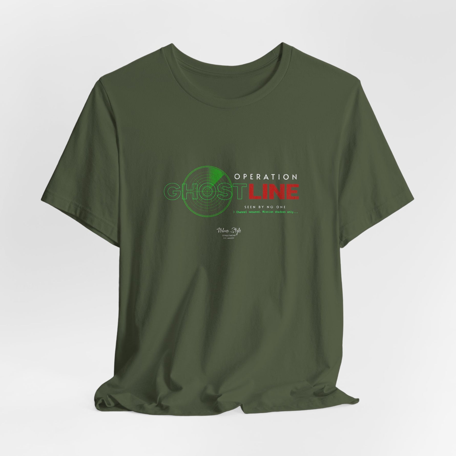 The OPERATION GHOSTLINE t-shirt in military green — camouflage protocol engaged.