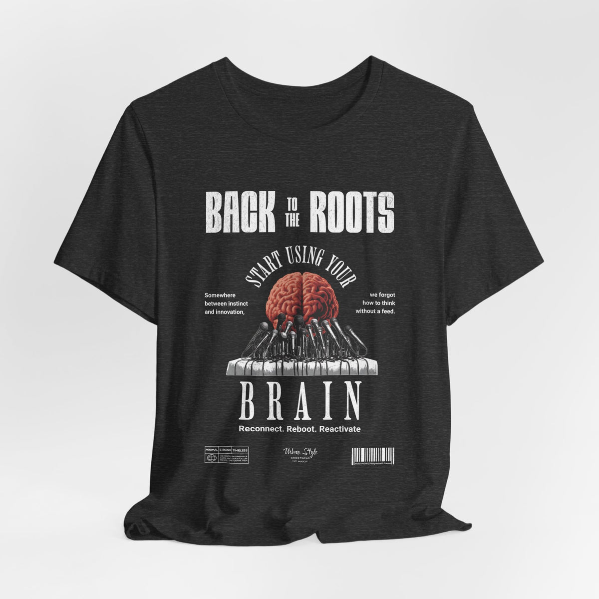 The Back to the Roots t-shirt in Dark Heather Grey — grounded in silence, built in shadow.