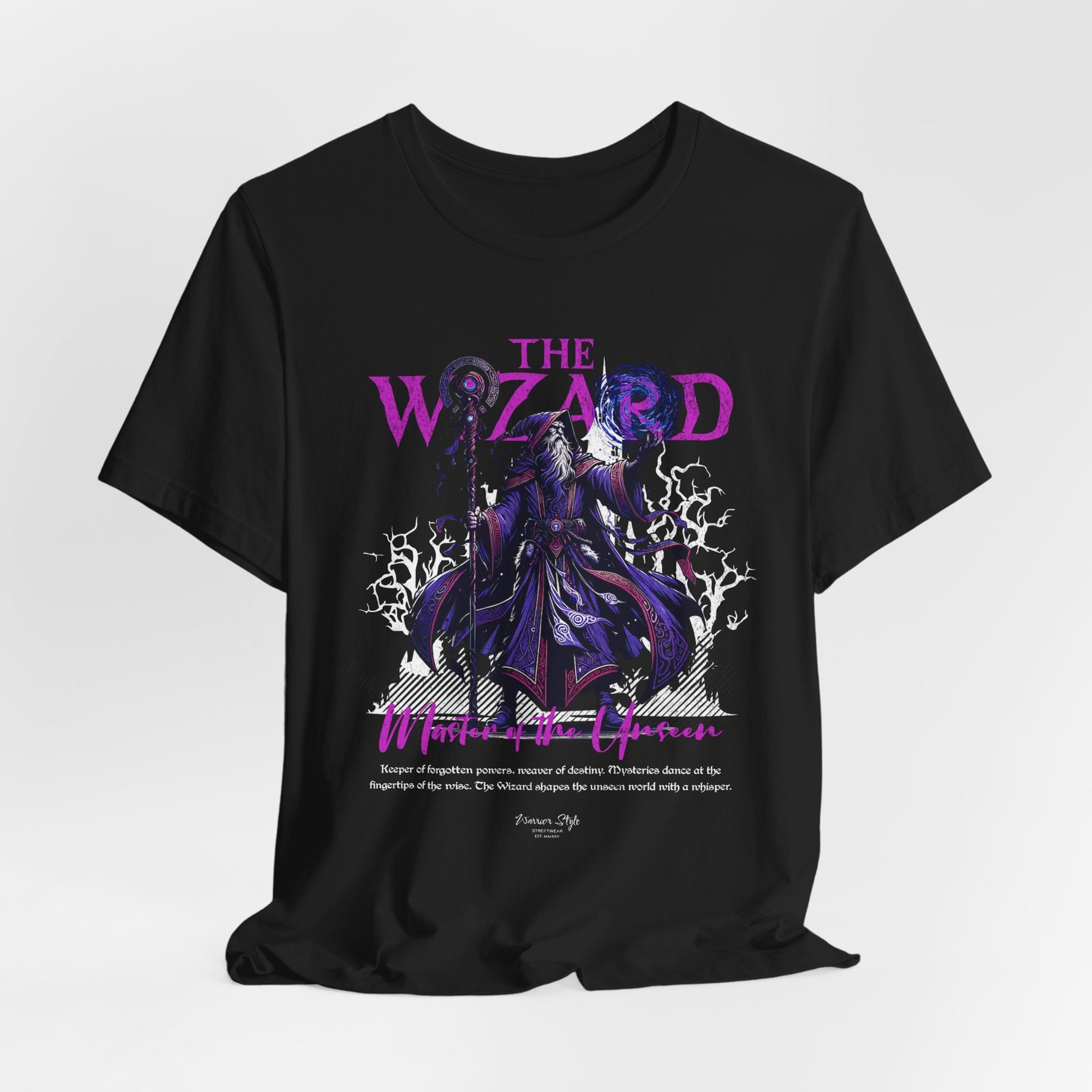 The Wizard t-shirt in Black — Night-bound sorcery at full command.