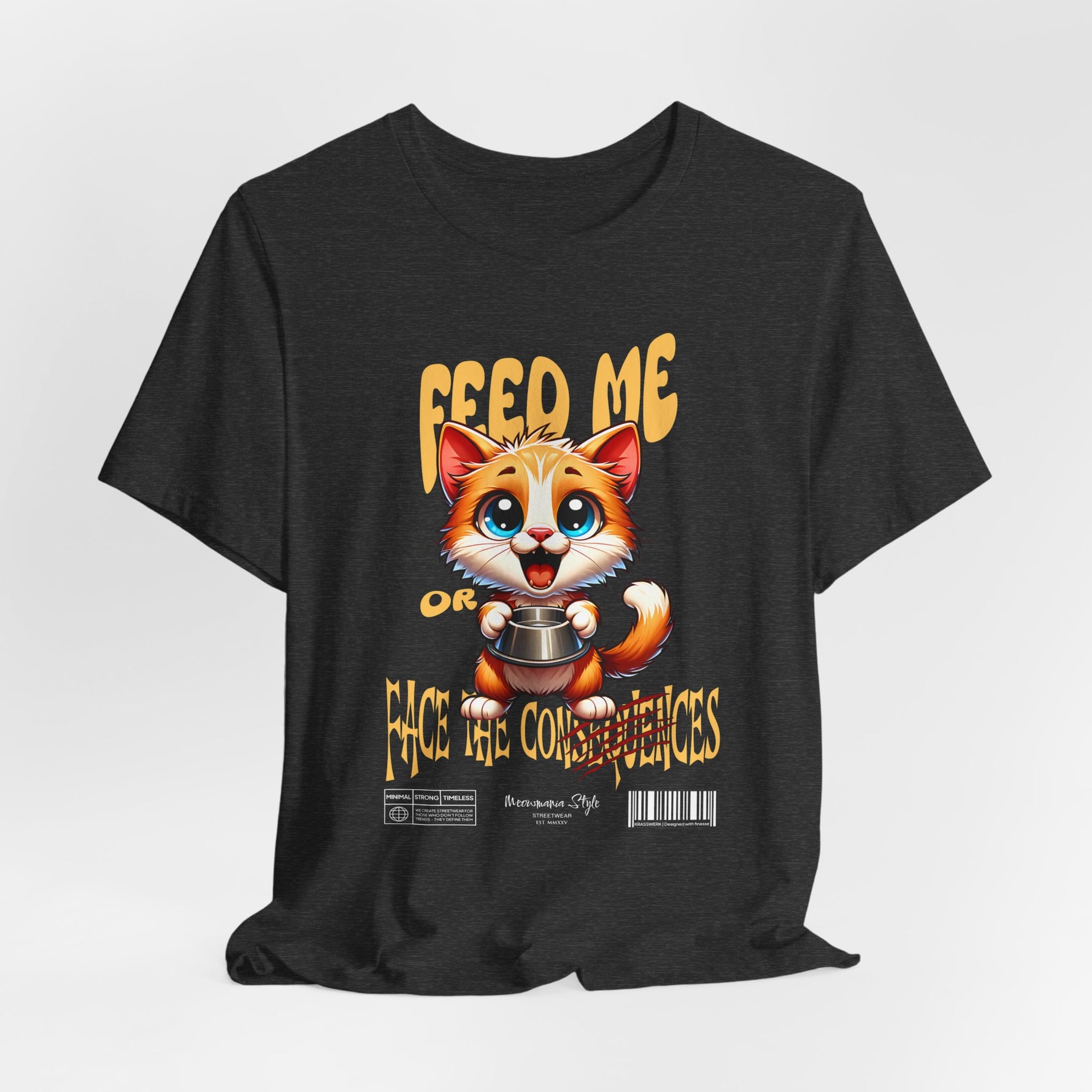 The FEED ME t-shirt in darkheathergrey — cozy yet bold, with a subtle rebellious undertone.