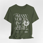 The MANY VOICES t-shirt in Military Green — Tactical tone for internal battles.