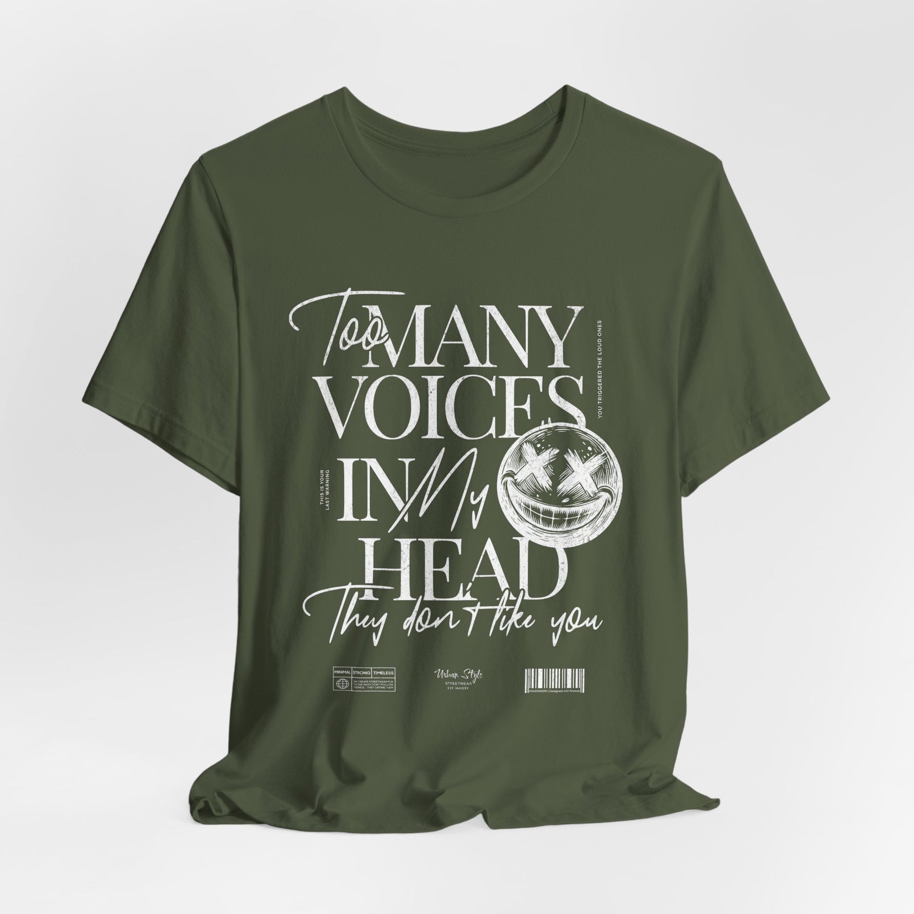 The MANY VOICES t-shirt in Military Green — Tactical tone for internal battles.