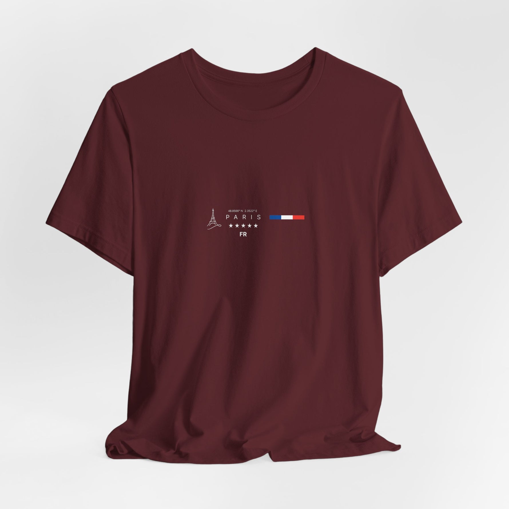The PARIS t-shirt in Maroon — 3D mockup, deep burgundy shade, no background, no model.