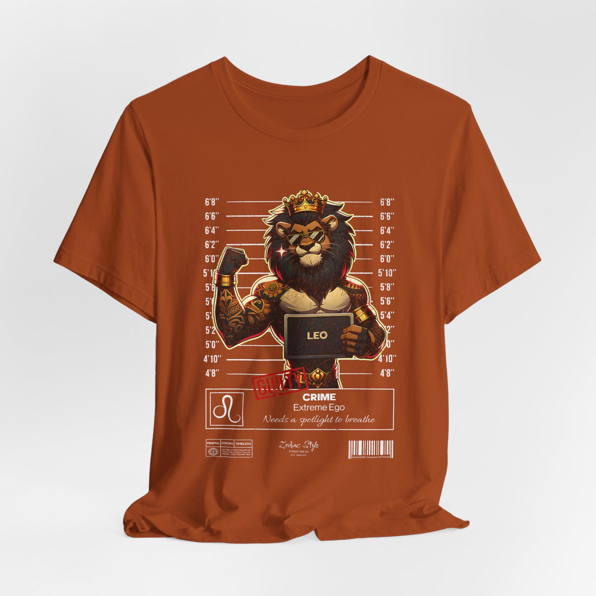 The LEO t-shirt in Autumn – 3D mockup of a dark rusty orange shirt, front view, featuring the lion mugshot design. NO BACKGROUND, NO MODEL.