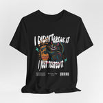 The I Just Tested It t-shirt in black — a bold, classic background that makes the bright illustration explode with contrast.