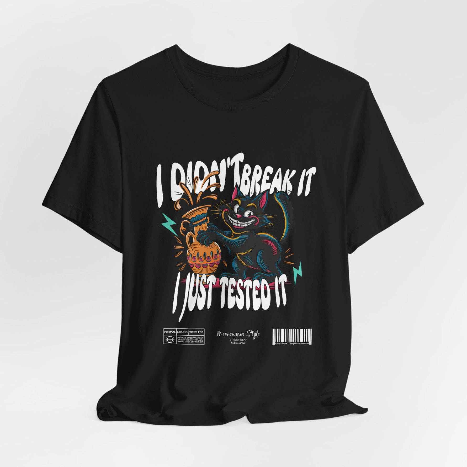 The I Just Tested It t-shirt in black — a bold, classic background that makes the bright illustration explode with contrast.
