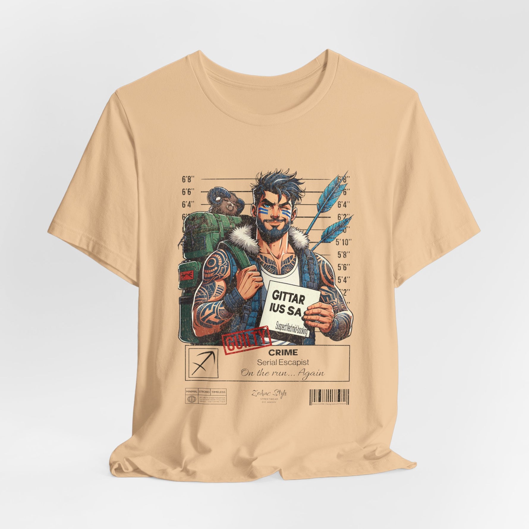 The SAGITTARIUS t-shirt in Sand Dune — beige sand tone for outdoor survival themes. 3D mockup on white background. No model included.