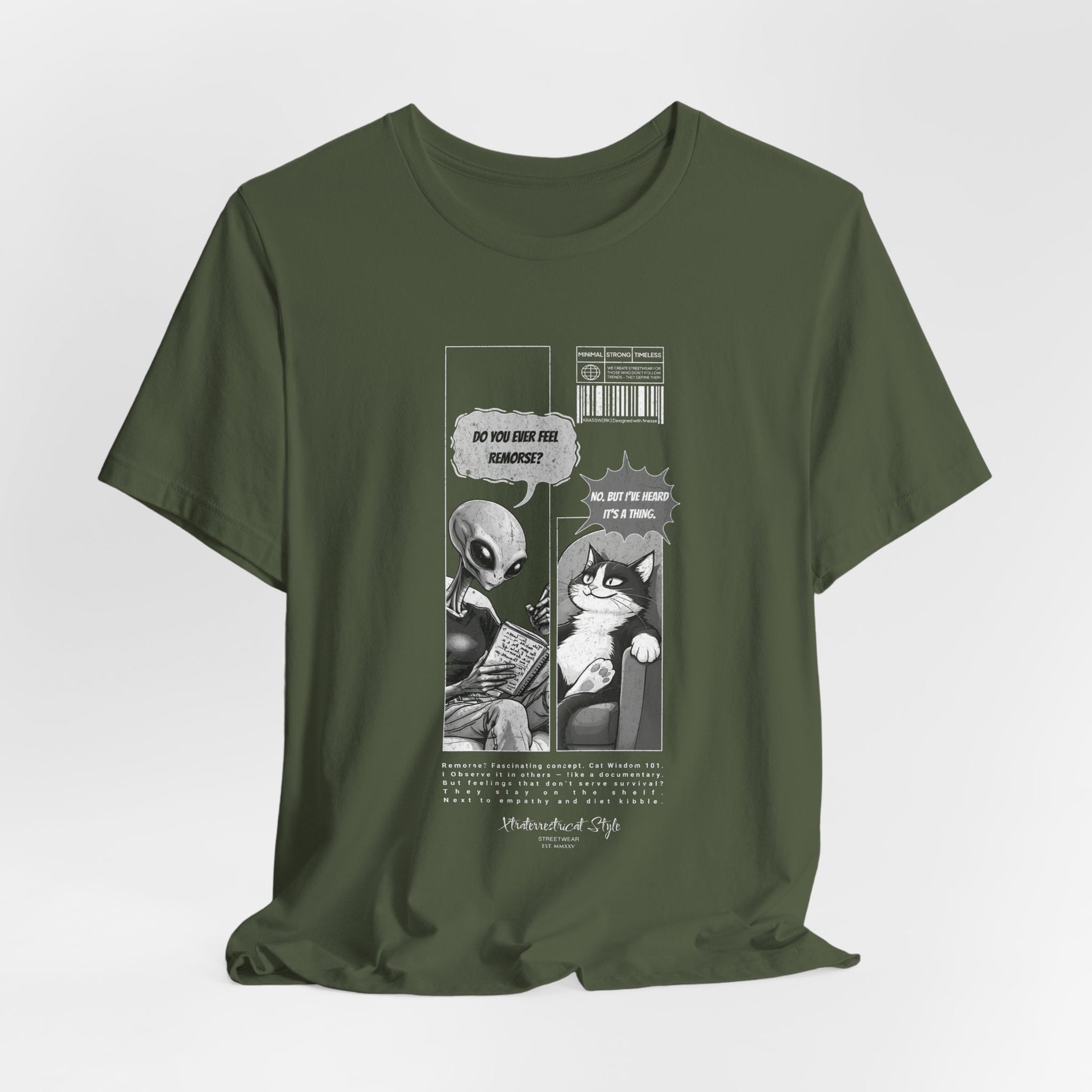 The FEEL REMORSE? t-shirt in military green — 3D mockup, olive drab tone, no background, no model.