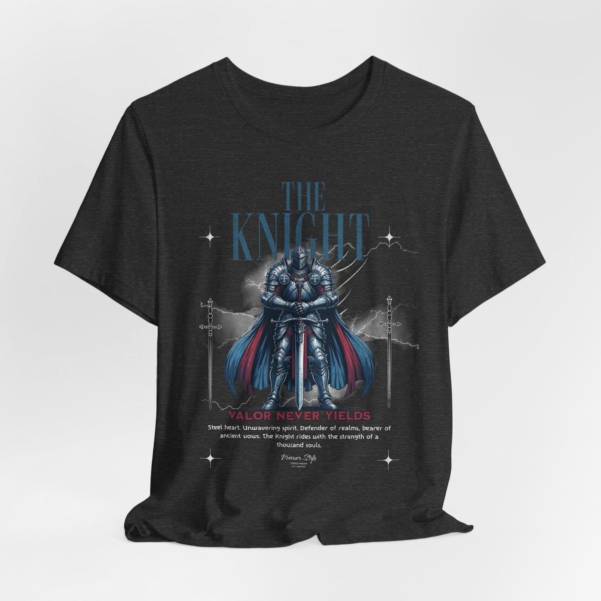 The KNIGHT t-shirt in Dark Heather Grey — the weight of iron and shadowed resolve.