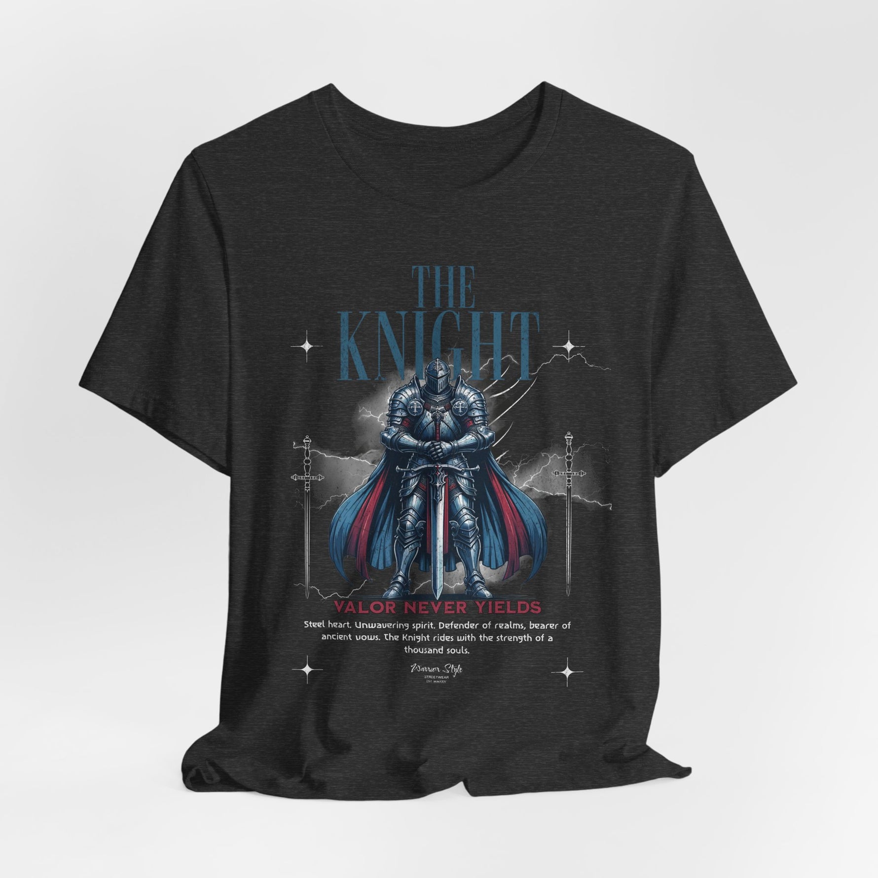 The KNIGHT t-shirt in Dark Heather Grey — the weight of iron and shadowed resolve.