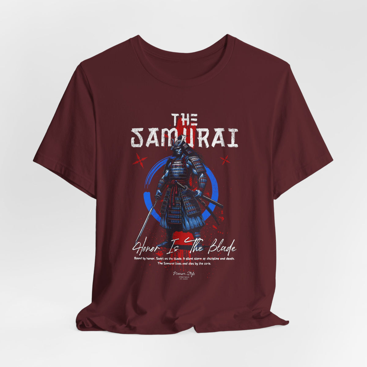 The Samurai t-shirt in Maroon — deep cuts, deeper conviction.