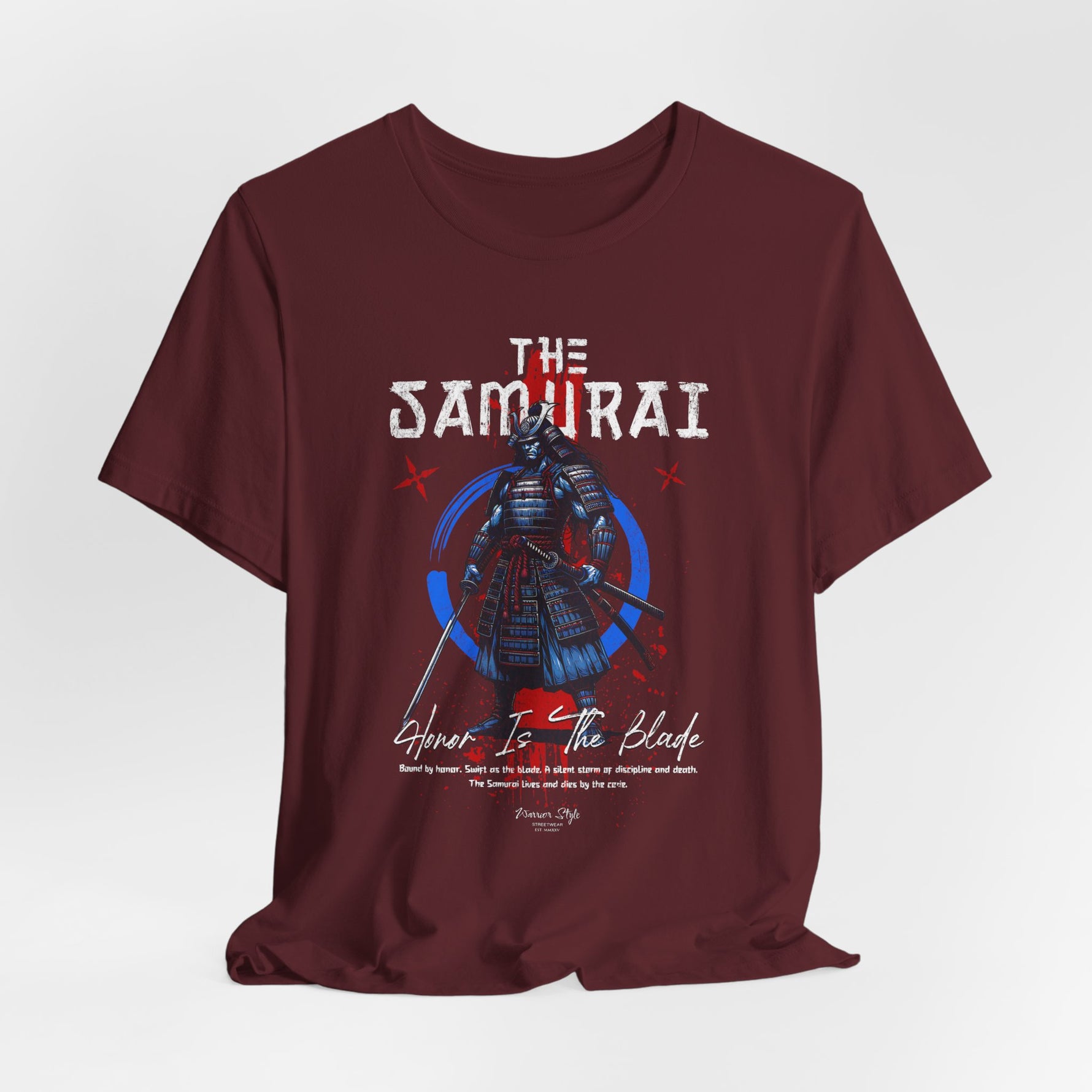 The Samurai t-shirt in Maroon — deep cuts, deeper conviction.