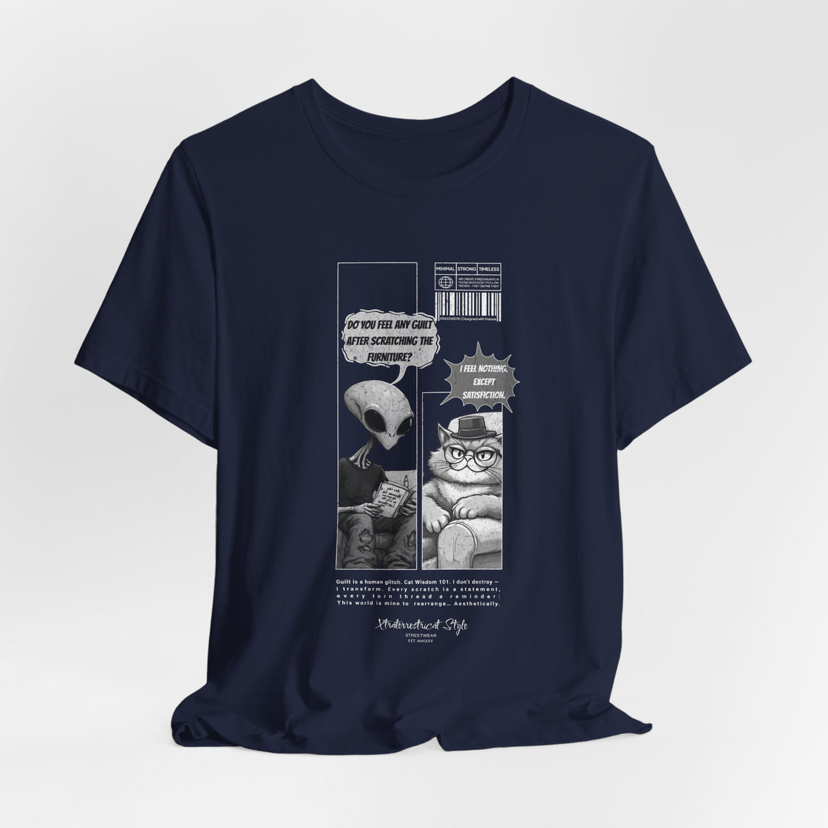 The Satisfiction t-shirt in navy — 3D mockup displaying a classic deep navy blue tone. No background or model.