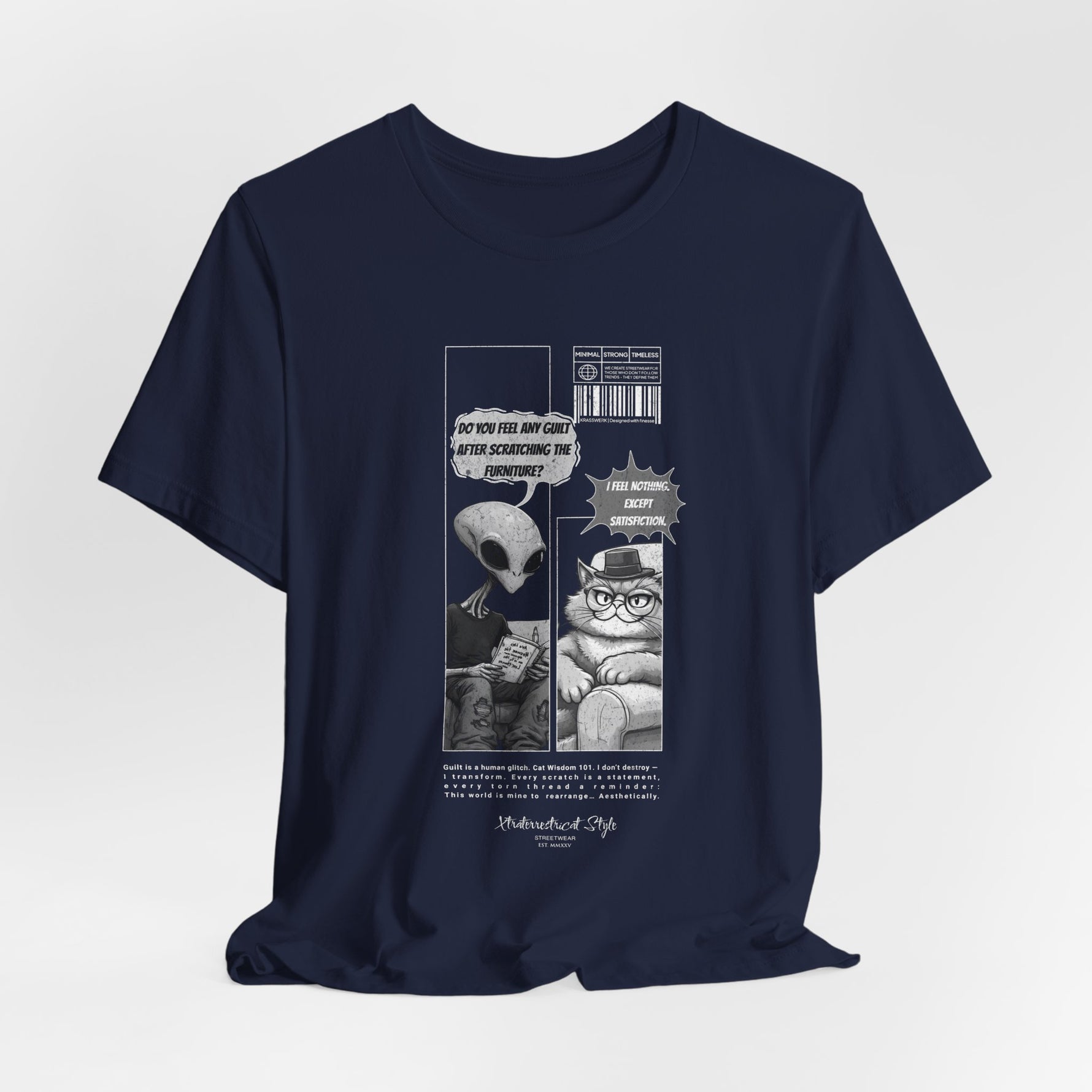 The Satisfiction t-shirt in navy — 3D mockup displaying a classic deep navy blue tone. No background or model.