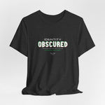 The IDENTITY OBSCURED t-shirt in Dark Heather Grey — 3D mockup of a textured grey shirt. No background. No model.
