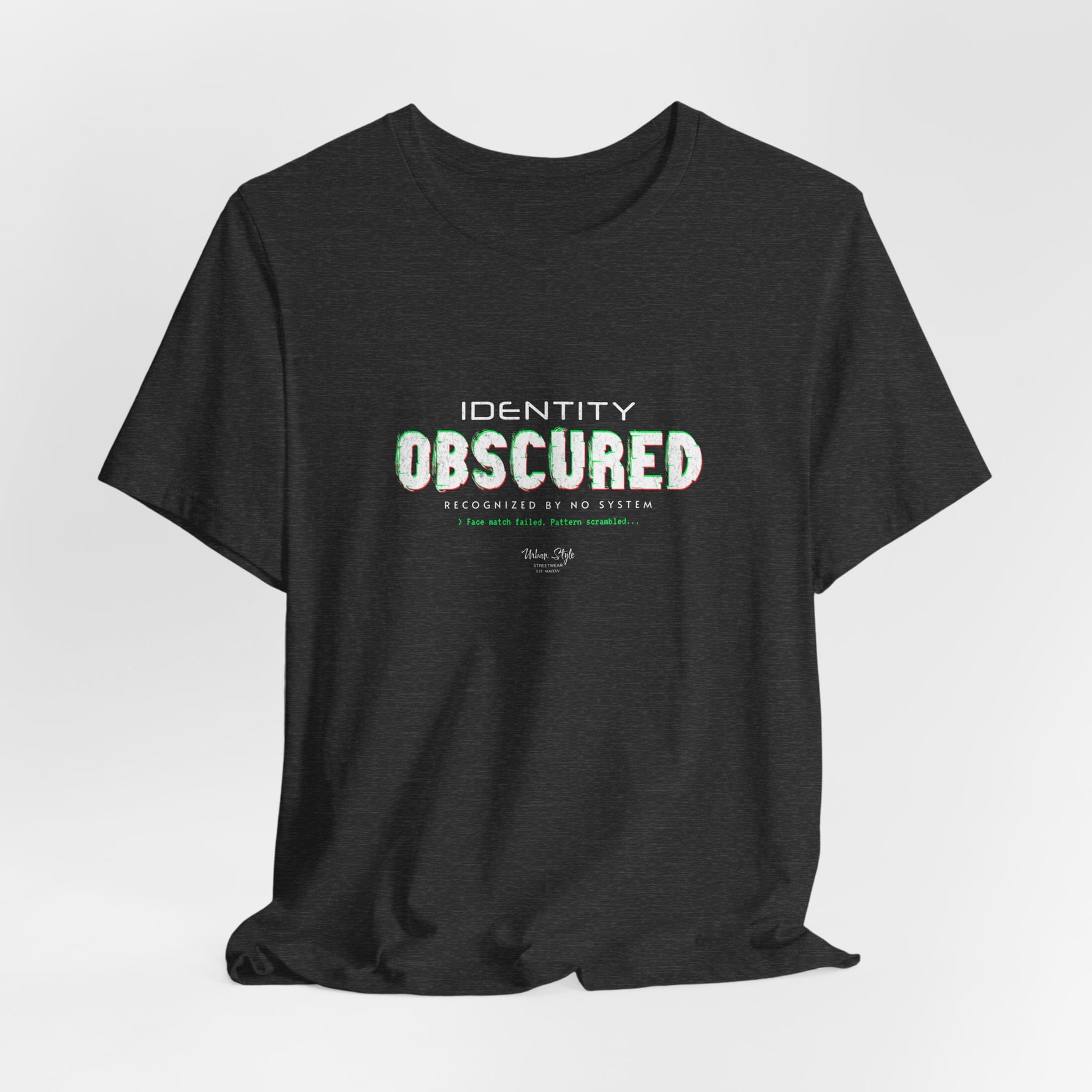 The IDENTITY OBSCURED t-shirt in Dark Heather Grey — 3D mockup of a textured grey shirt. No background. No model.
