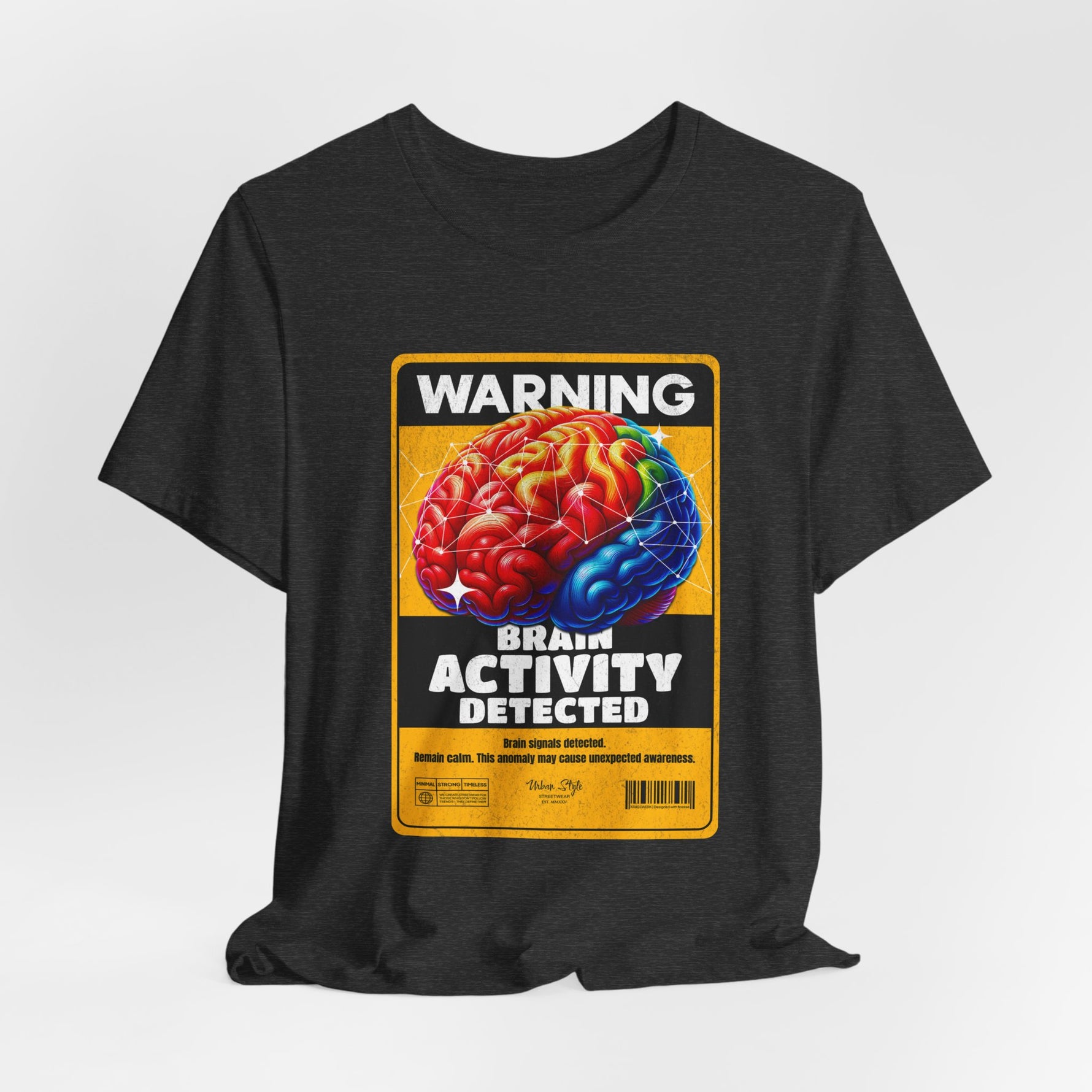 The Brain Activity Detected t-shirt in Dark Heather Grey — subtle intellect with stormy tone.