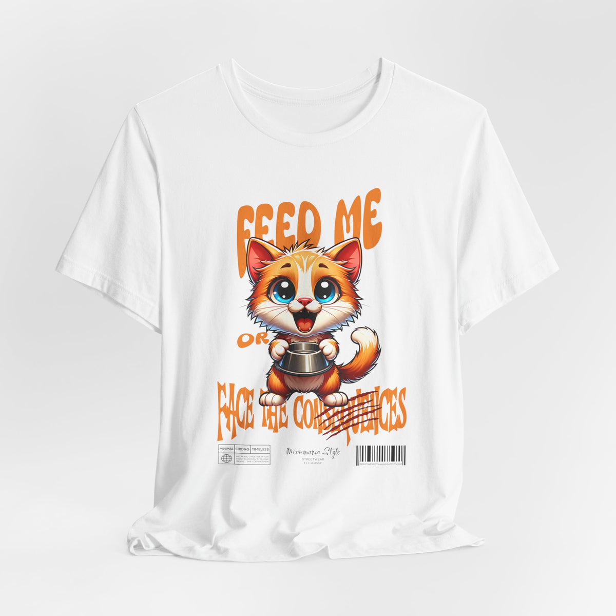 The FEED ME t-shirt in white — clean and crisp, highlighting every detail of the adorable threat.