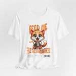 The FEED ME t-shirt in white — clean and crisp, highlighting every detail of the adorable threat.