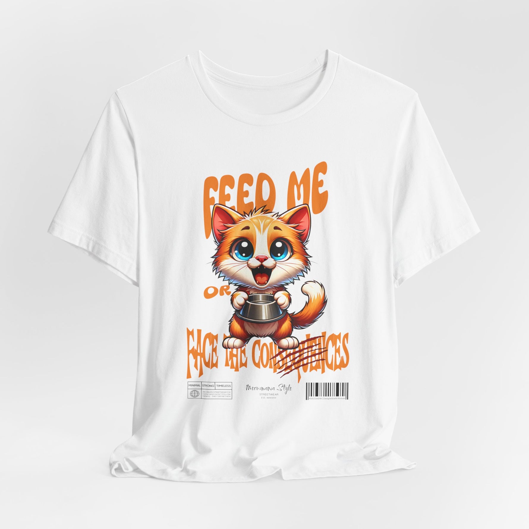 The FEED ME t-shirt in white — clean and crisp, highlighting every detail of the adorable threat.