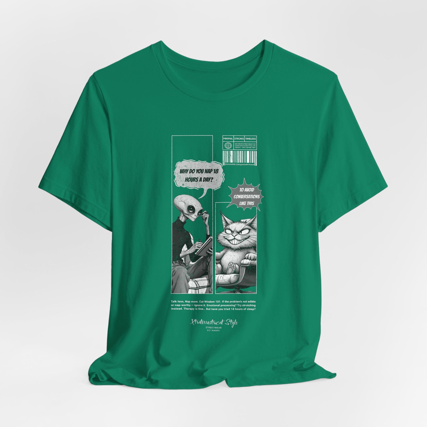 The NAP – 18h A Day t-shirt in Kelly — Bright green base adds unexpected energy to the minimalist monochrome print.