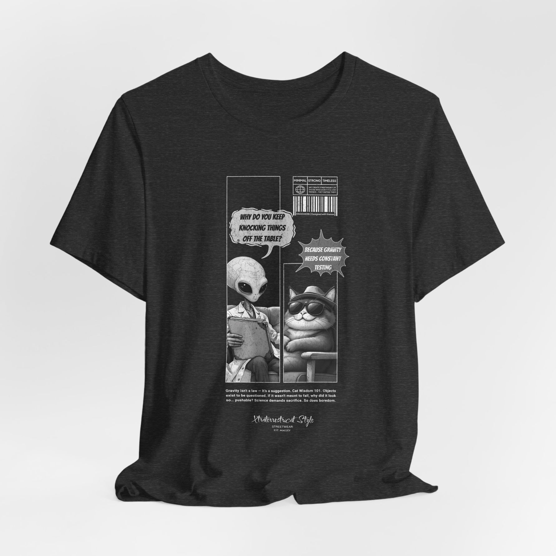 The GRAVITY t-shirt in Dark Heather Grey — 3D mockup of the shirt in textured dark grey. No background, no model, full graphic visible.
