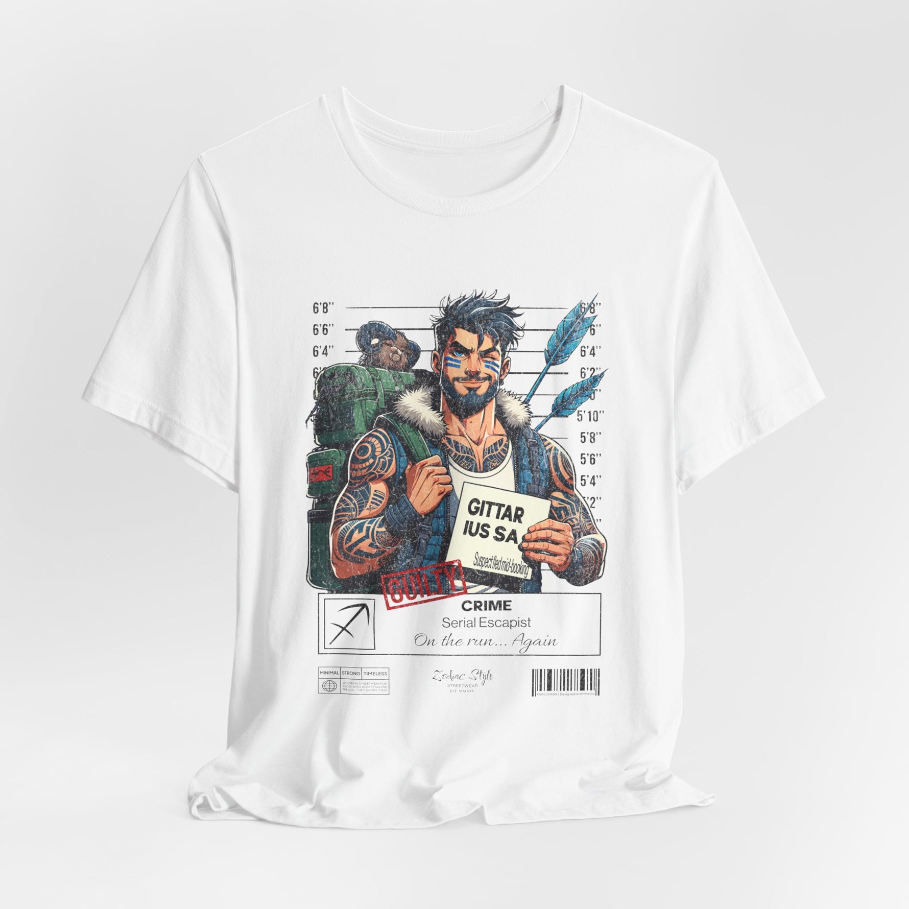 The SAGITTARIUS t-shirt in White — clean white canvas emphasizing design and contrast. 3D mockup on white background. No model included.