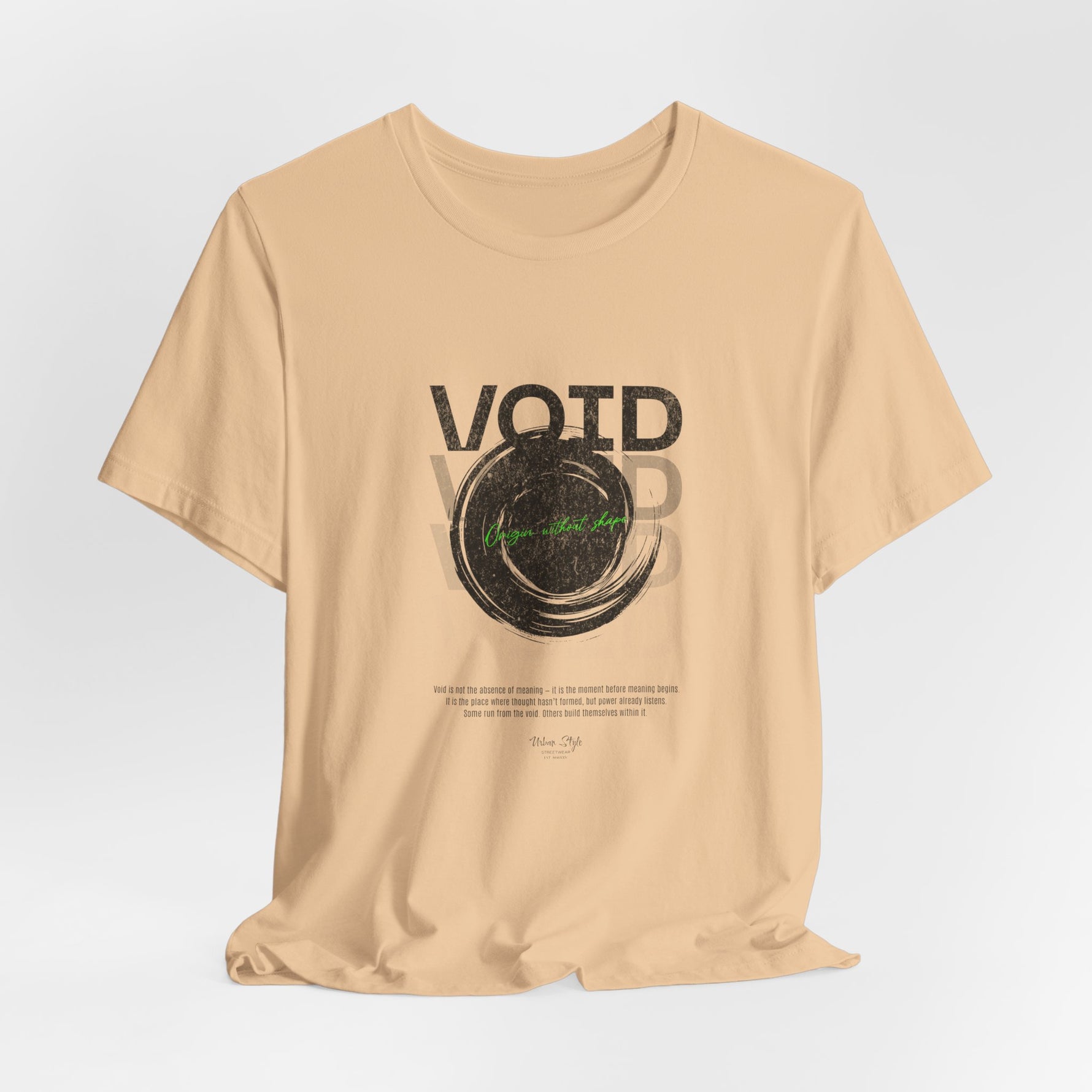 The VOID t-shirt in Sand Dune — memories turned to dust, still echoing.