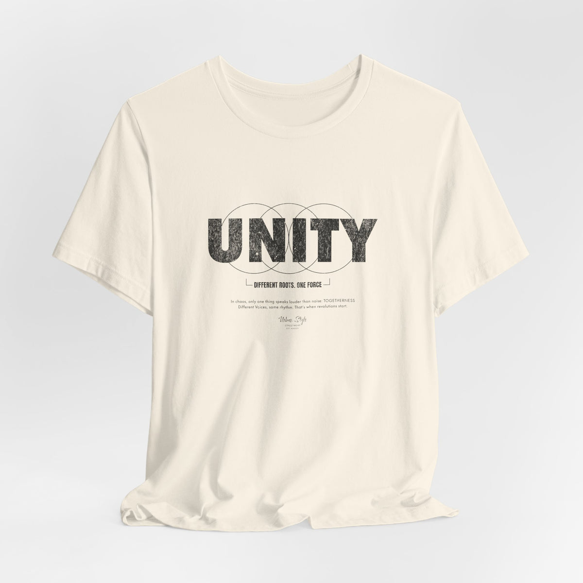 The UNITY t-shirt in Natural — organic harmony, raw truth.