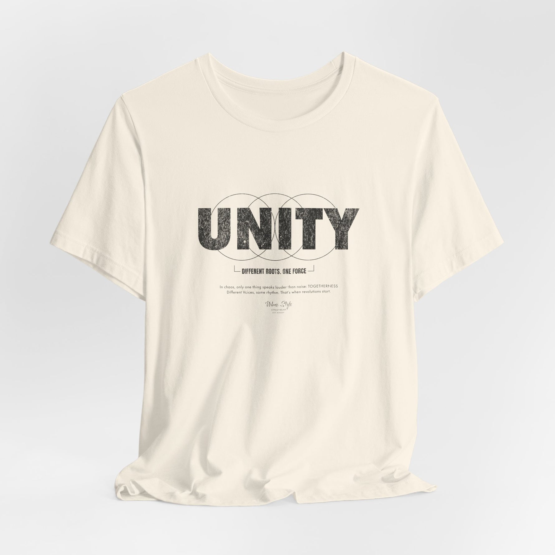 The UNITY t-shirt in Natural — organic harmony, raw truth.