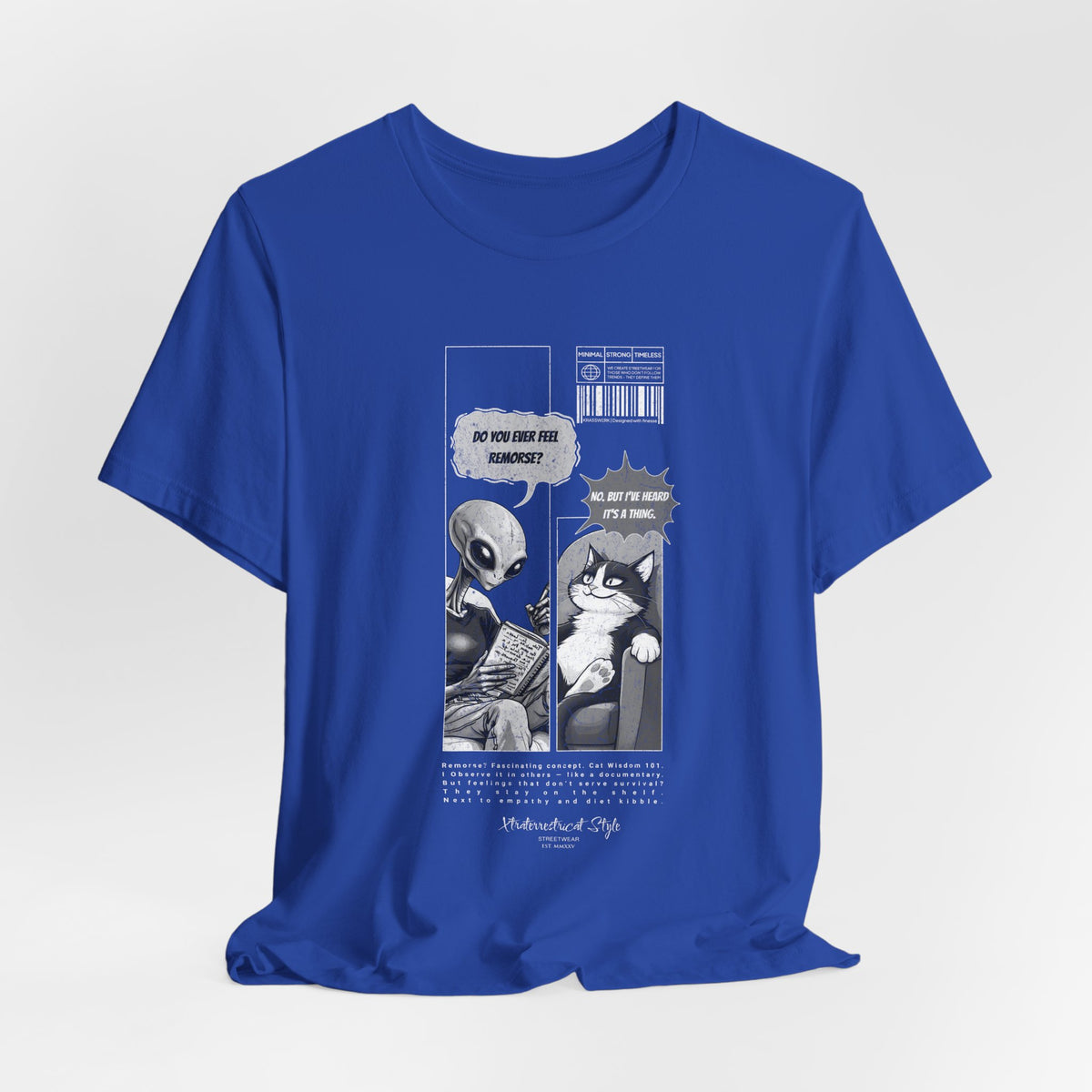 The FEEL REMORSE? t-shirt in true royal — 3D mockup, vibrant blue color, no background, no model.