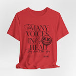 The MANY VOICES t-shirt in Heather Red — A loud shade that screams from the inside.