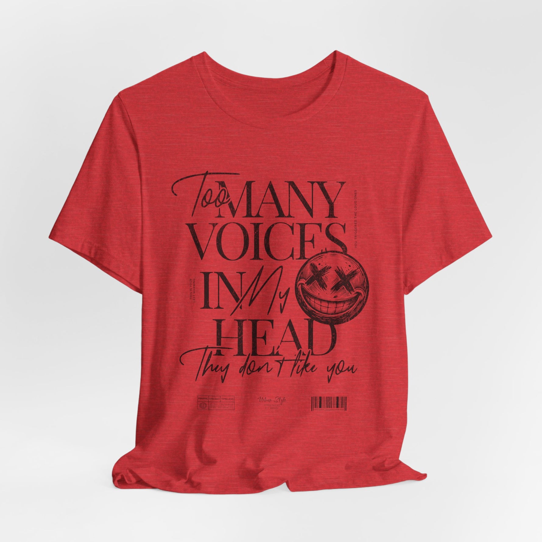 The MANY VOICES t-shirt in Heather Red — A loud shade that screams from the inside.