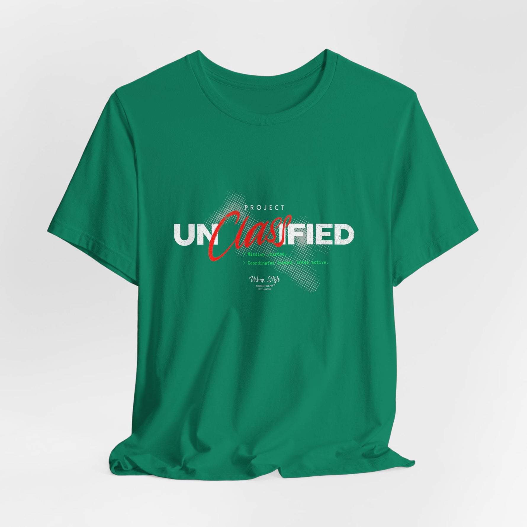 The PROJECT UNCLASSIFIED t-shirt in kelly — 3D mockup of shirt in bold kelly green, no background, no model.