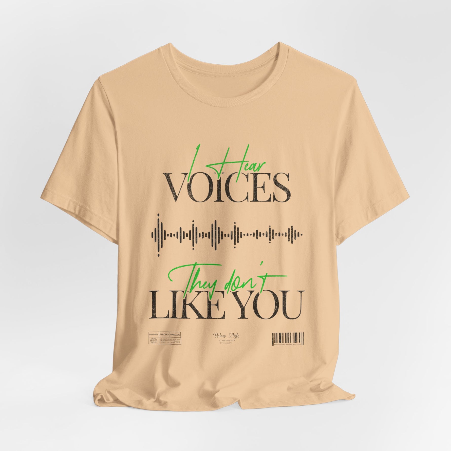 The VOICES t-shirt in Sand Dune — dry murmurs drifting through forgotten corners of the mind.