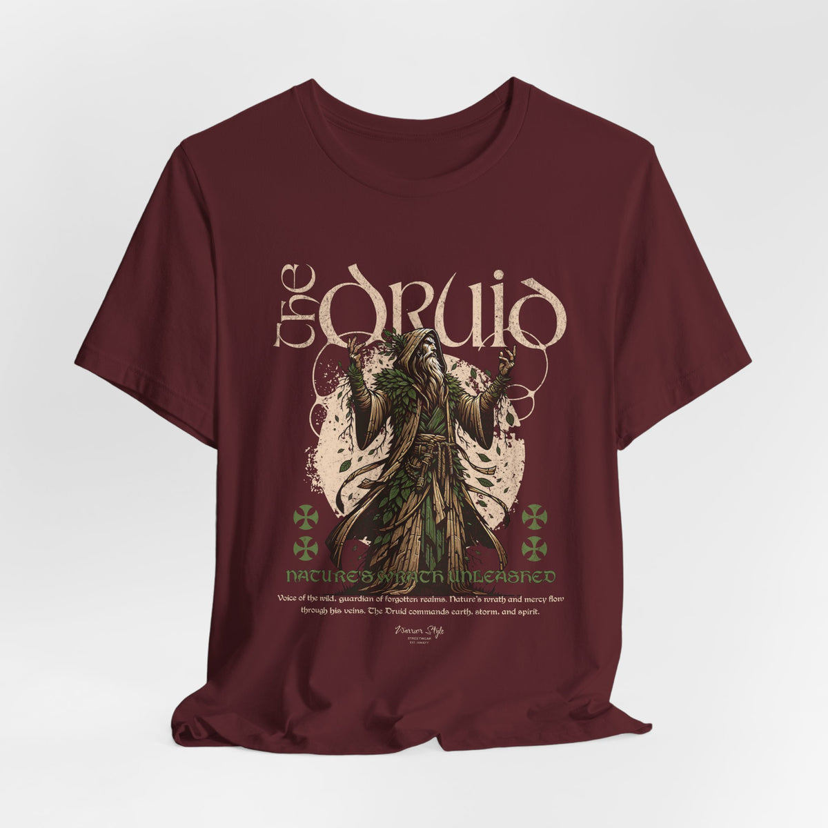 The DRUID t-shirt in Maroon — roots run deep where secrets grow.