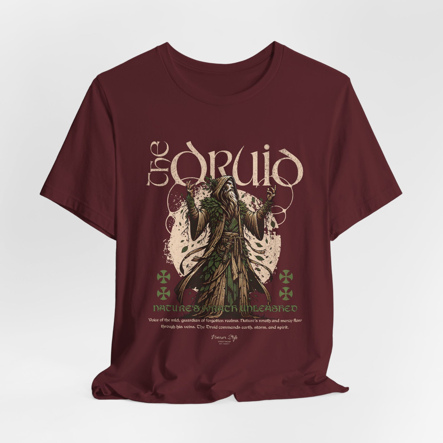 The DRUID t-shirt in Maroon — roots run deep where secrets grow.