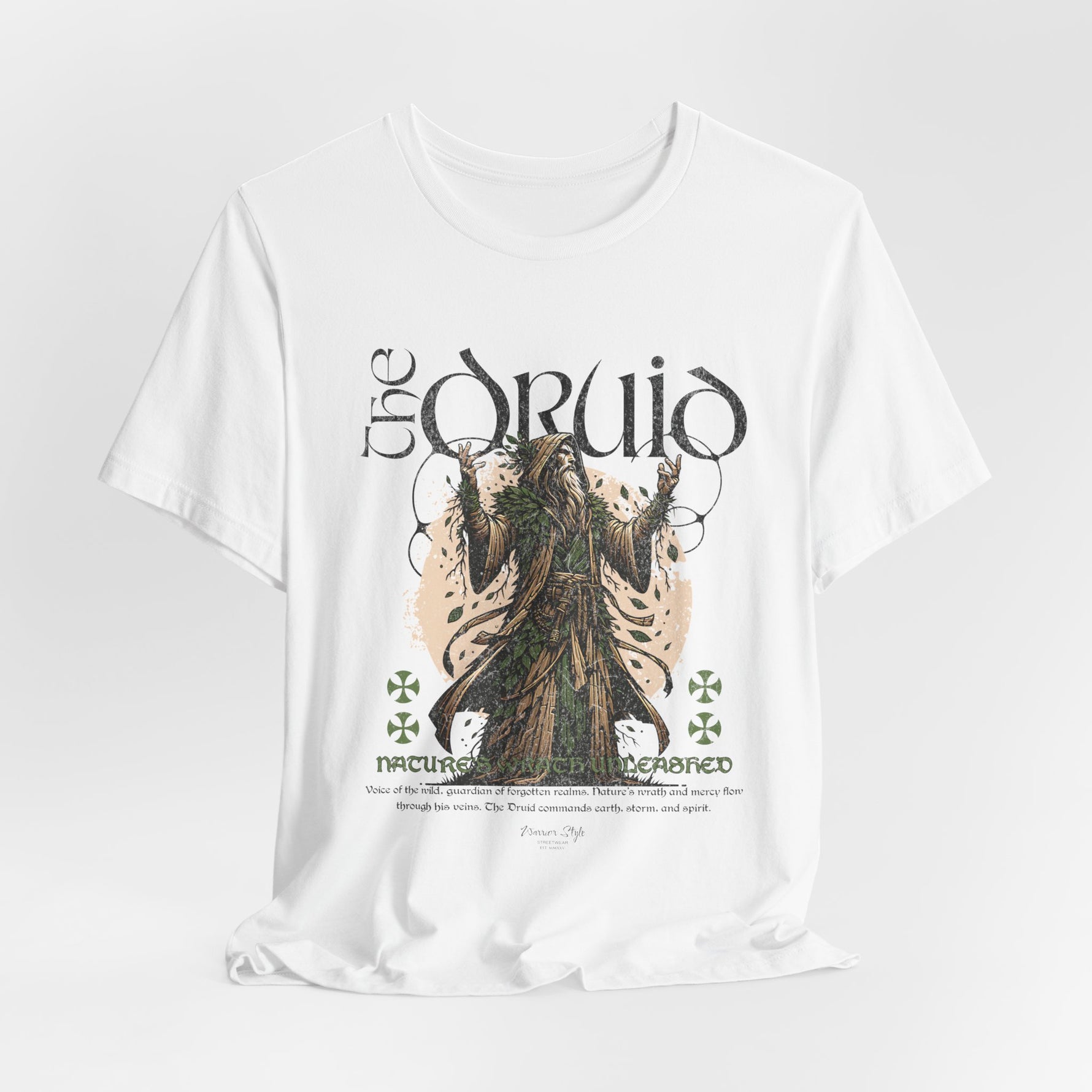 The DRUID t-shirt in White — untouched parchment ready for sacred marks.
