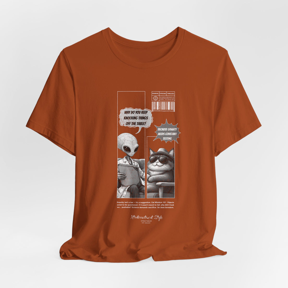 The GRAVITY t-shirt in Autumn — 3D mockup showing the shirt in autumn orange. No background, no model, comic design visible on chest.