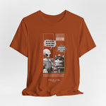 The GRAVITY t-shirt in Autumn — 3D mockup showing the shirt in autumn orange. No background, no model, comic design visible on chest.