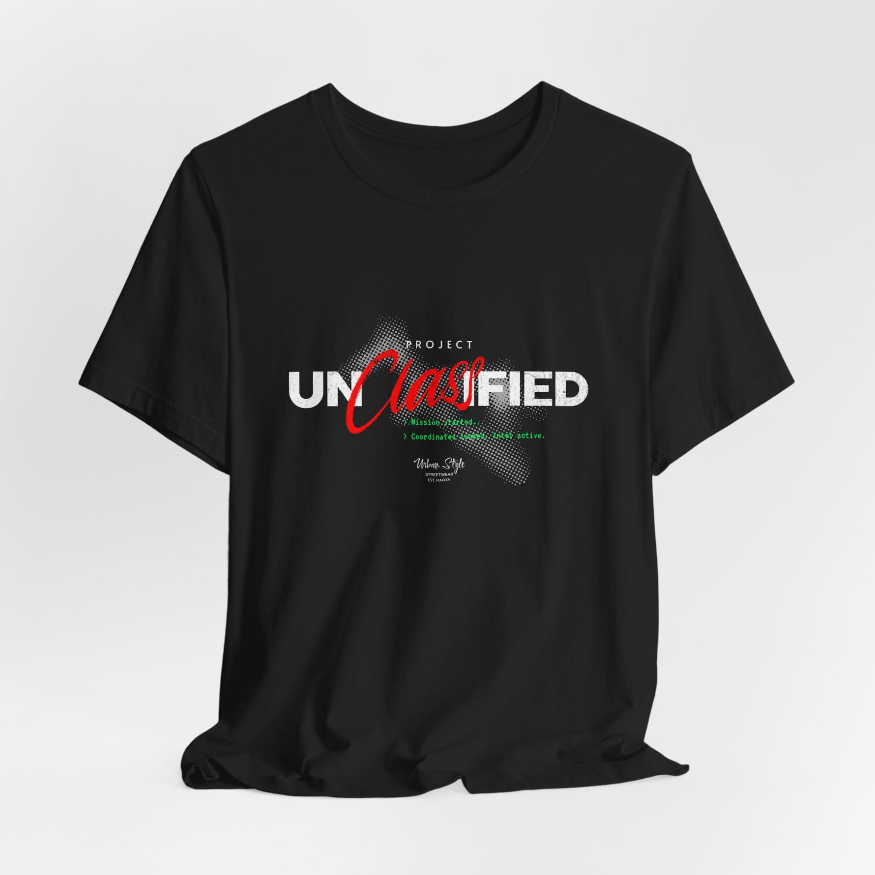 The PROJECT UNCLASSIFIED t-shirt in black — 3D mockup of shirt in solid black, no background, no model.