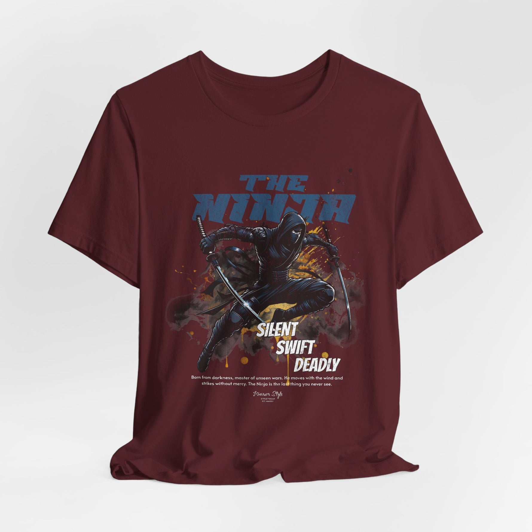 The NINJA t-shirt in Maroon — rich with secrets, cloaked in silence.