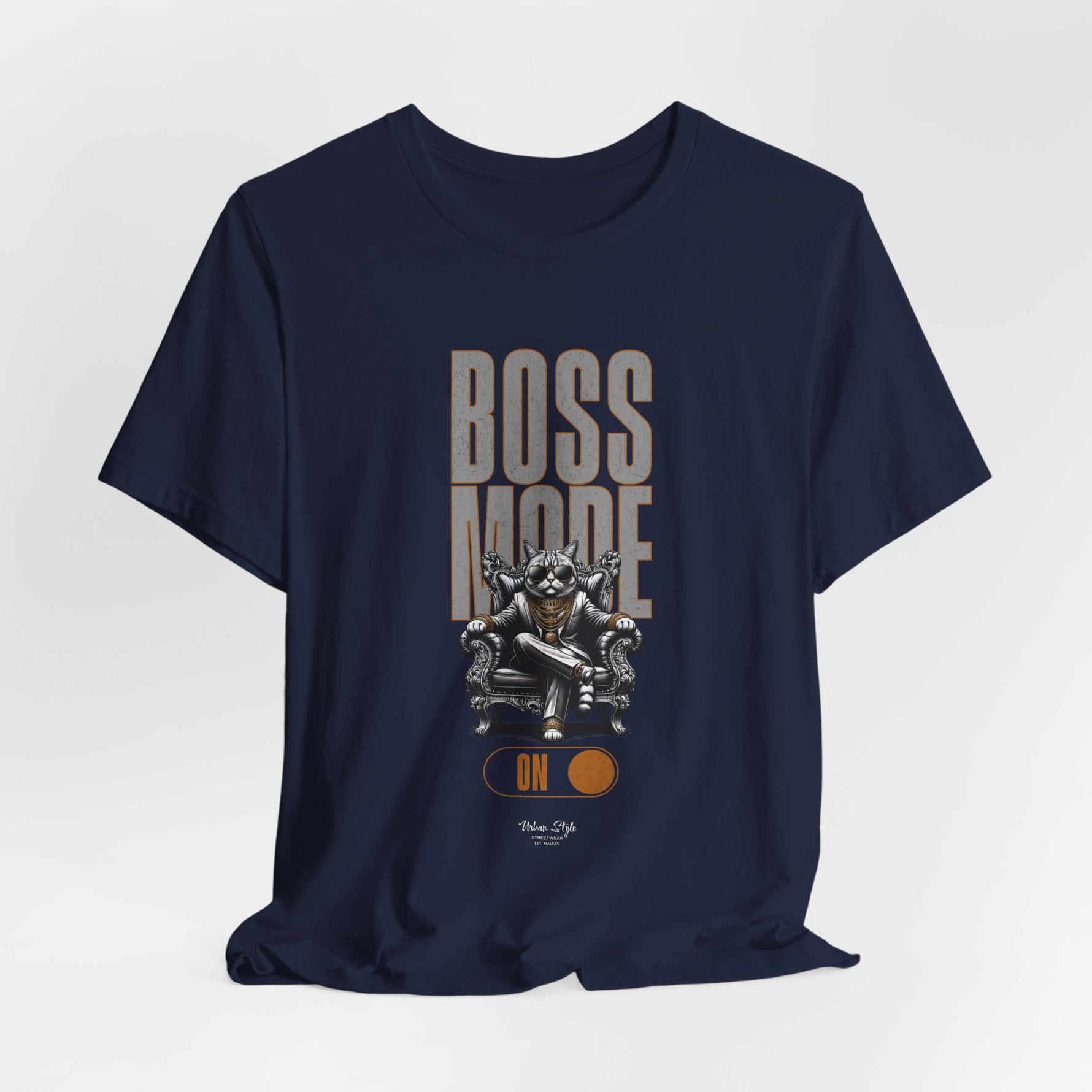 Color swatch for “Navy” – BOSS MODE design on a deep navy blue shirt.