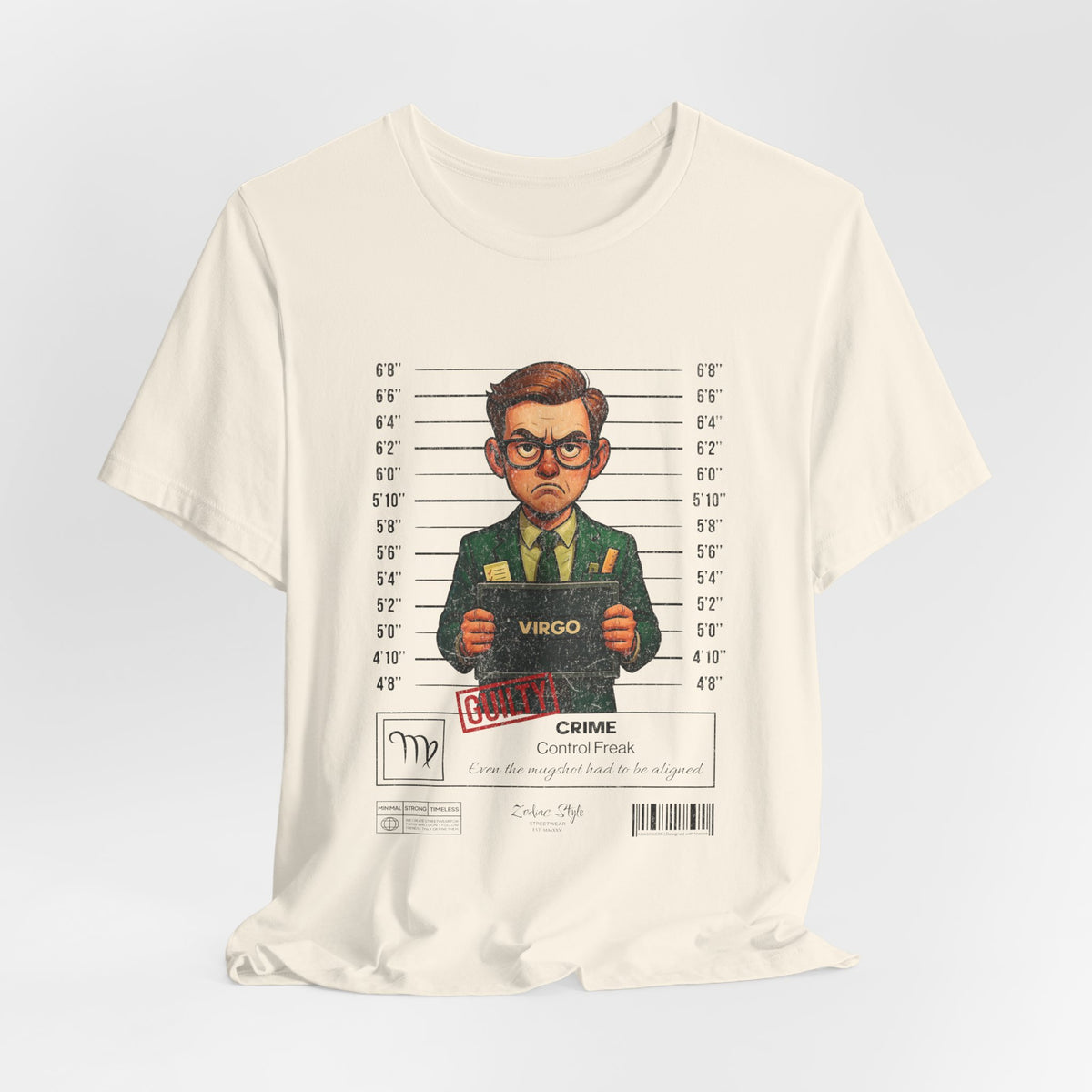The VIRGO t-shirt in natural — 3D mockup of the design on a light natural-colored shirt. No background, no model.